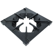 A black, square cast iron burner grate with four raised arms radiating from a central circular opening. The sturdy, angular design from Empura Equipment supports pots and pans above a gas burner, featuring a slightly textured finish.