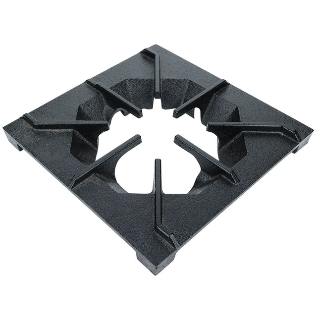 A black, square cast iron burner grate with four raised arms radiating from a central circular opening. The sturdy, angular design from Empura Equipment supports pots and pans above a gas burner, featuring a slightly textured finish.