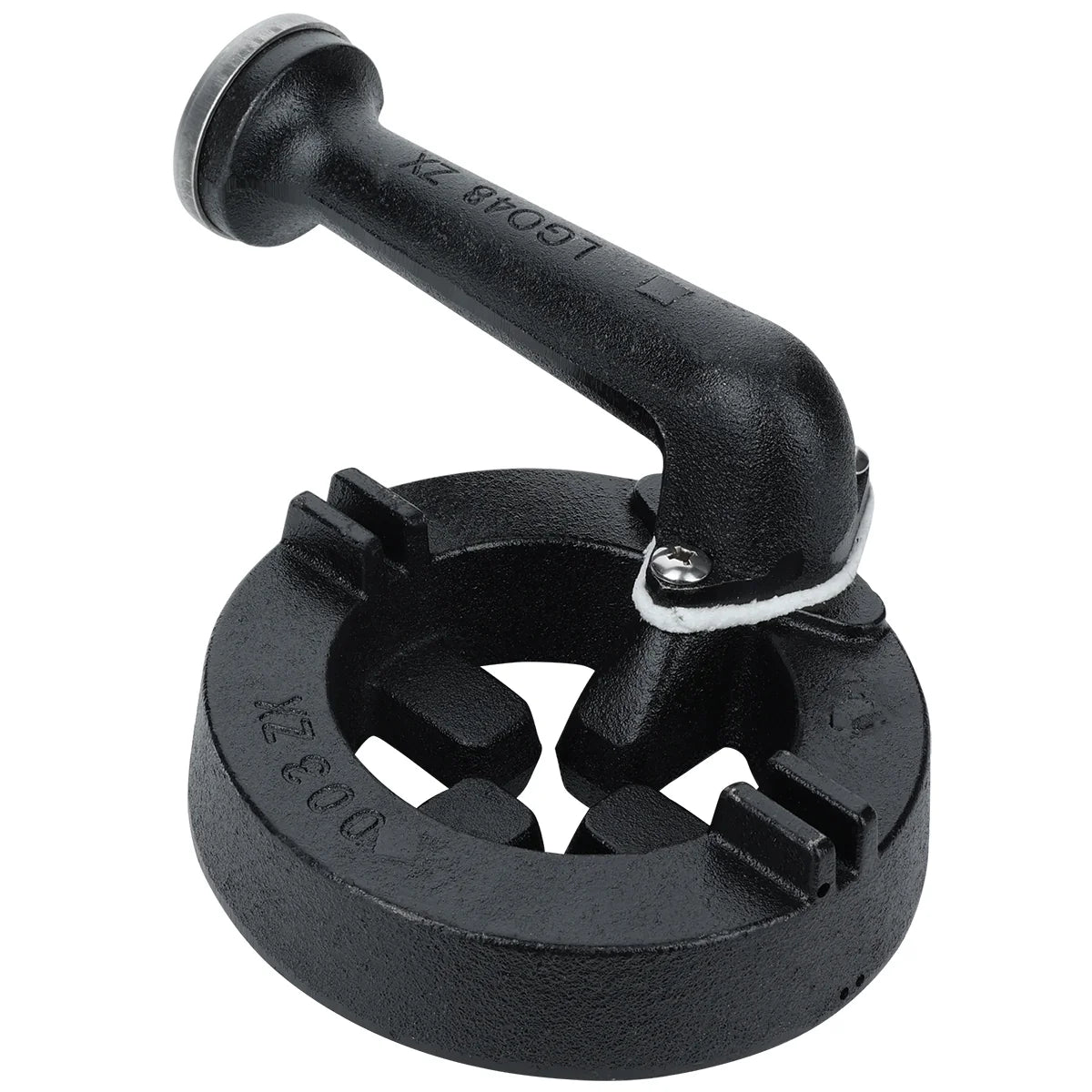 A black, heavy-duty metal pipe threading tool with a circular die and an attached handle angled upward, designed for cutting threads on the ends of pipes. Ideal for use with Empura Equipment or when maintaining front burner assembly parts.