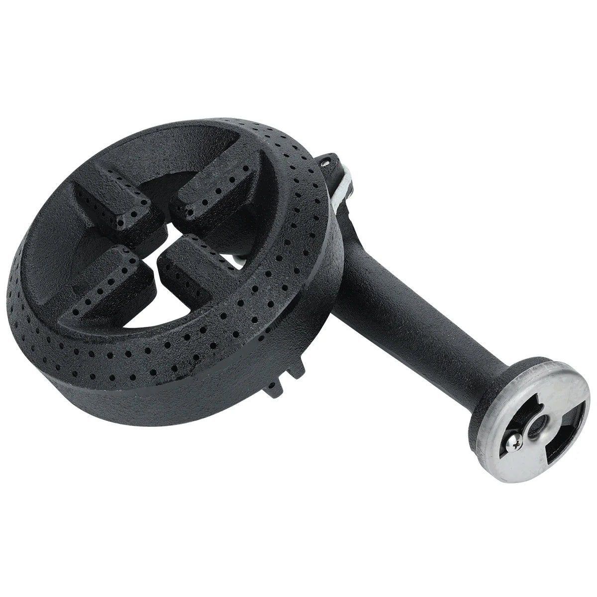 A black cast iron gas burner front burner assembly from Empura Equipment, with a circular top featuring multiple small holes for flames, four raised supports, and a long handle ending in a silver metallic gas inlet. The burner is angled to reveal its structure.
