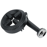 A black cast iron gas burner front burner assembly from Empura Equipment, with a circular top featuring multiple small holes for flames, four raised supports, and a long handle ending in a silver metallic gas inlet. The burner is angled to reveal its structure.