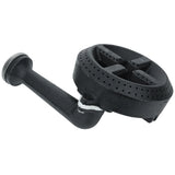 A black cast iron front burner assembly for Empura Equipment, featuring a round, perforated top with a cross-shaped divider and an angled arm ending in a metal fitting. Multiple small holes around the edge ensure even gas dispersion.