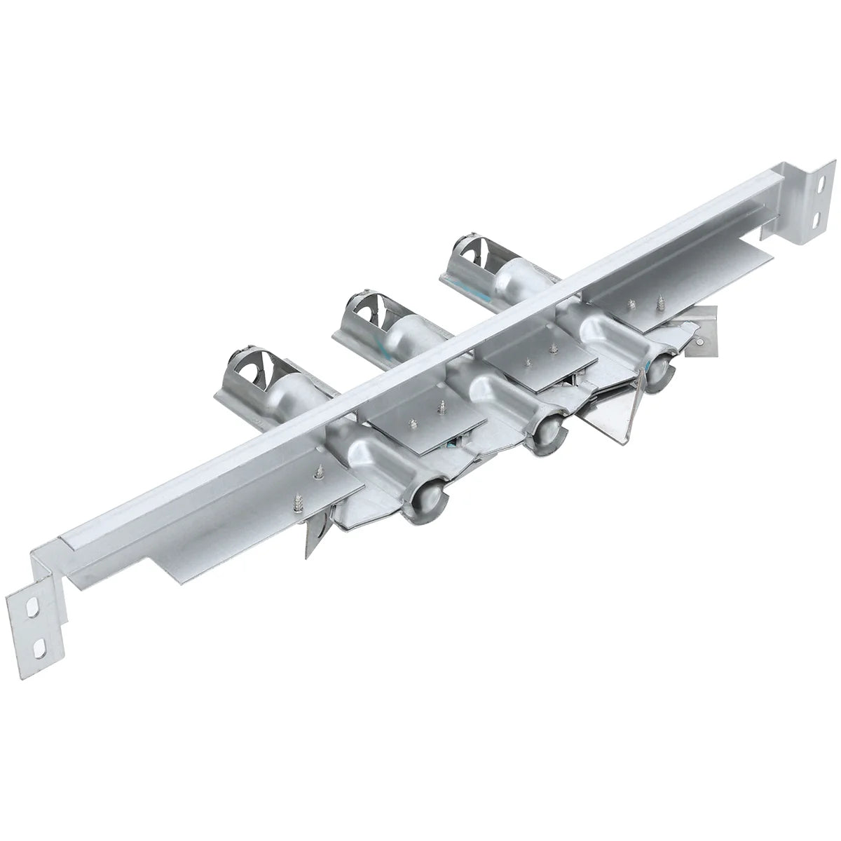 A silver-colored Empura Parts metal manifold burner assembly with four tube-shaped burners, mounting brackets on both ends, and metal fins on top. The assembly is designed for use in a gas appliance, such as a furnace or grill.