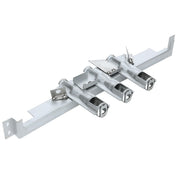A metal gas grill burner assembly with three tubular burners and attached igniters. The unit, featuring Empura Parts, includes mounting brackets and a rectangular support base in a silver finish, designed for installation inside a barbecue grill.