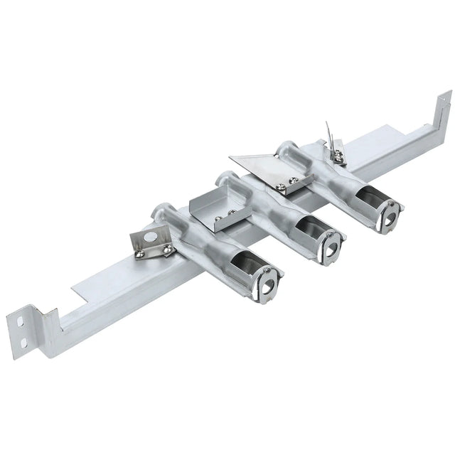 A metal gas grill burner assembly with three tubular burners and attached igniters. The unit, featuring Empura Parts, includes mounting brackets and a rectangular support base in a silver finish, designed for installation inside a barbecue grill.