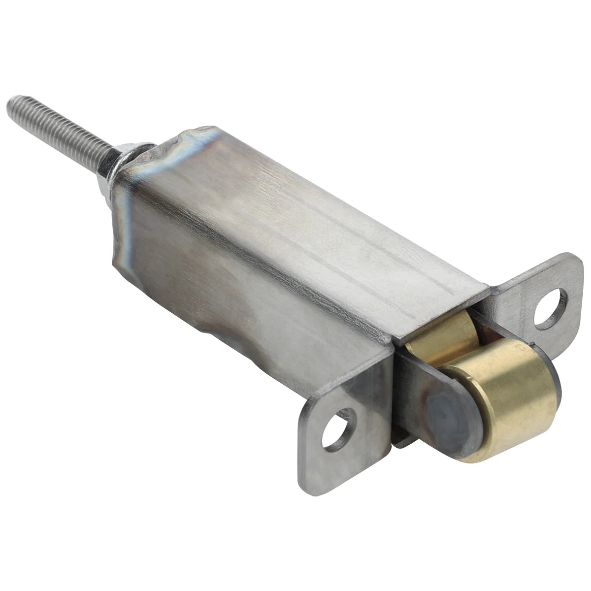 A metal door latch roller from Empura Equipment features a rectangular steel housing, a threaded rod for mounting, and a brass-colored cylindrical roller. Flanged edges with screw holes ensure secure attachment—ideal for replacing Empura Parts.