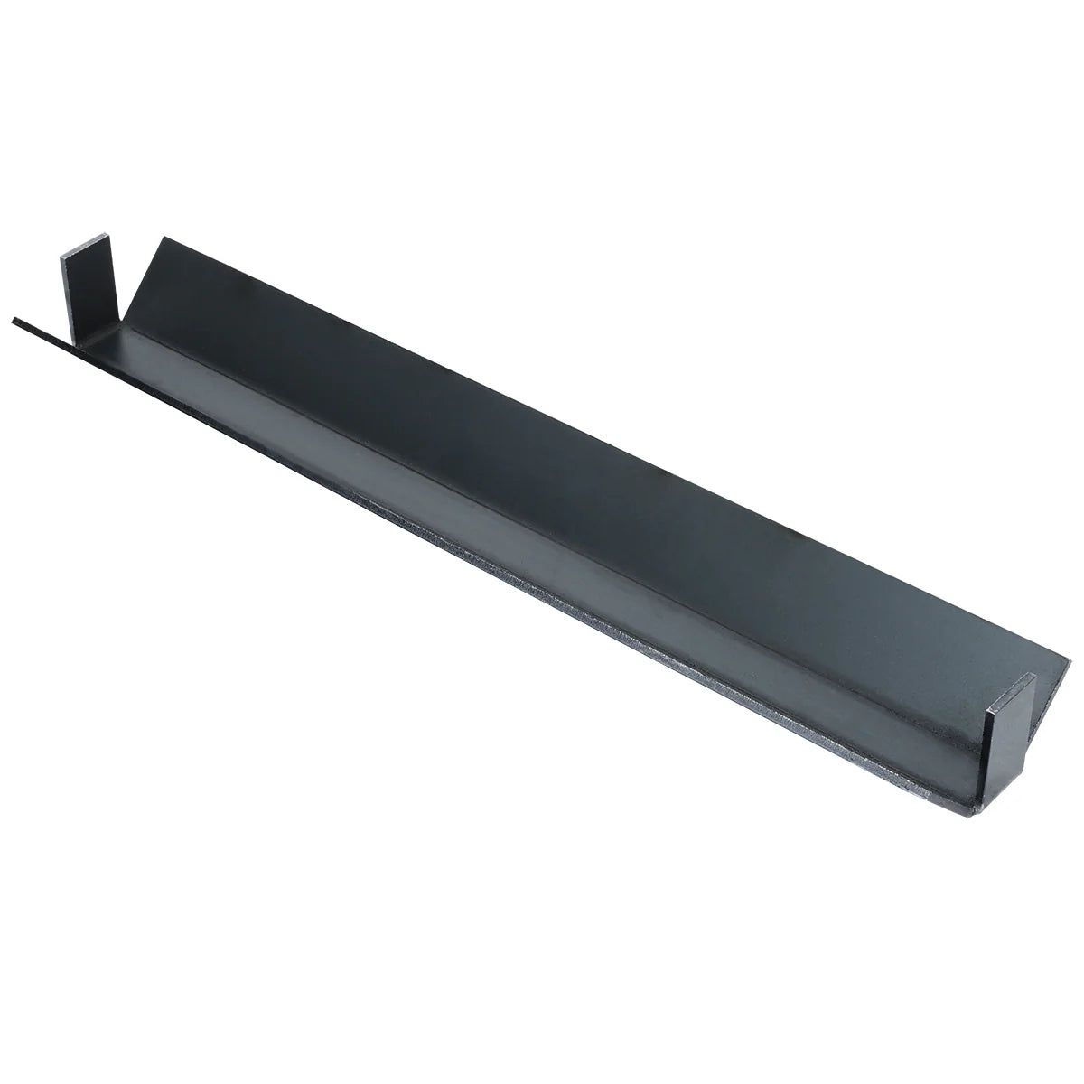 A black metal L-shaped bracket, often used in Empura Equipment charbroilers, with a flat, elongated central section and two short, upward-facing ends bent at 90 degrees. Its smooth surface reflects light slightly against a white background.