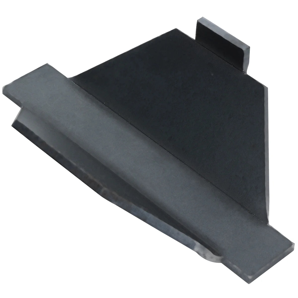 A metal wedge-shaped part with a flat, slanted black surface and a raised, rectangular tab on one side—perfect as a Radiant A replacement for Charbroilers. The beveled edges taper to a point, while the other end is flat and slightly wider.