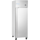 A tall, stainless steel Empura Refrigeration reach-in refrigerator with a single door, digital display, and the Empura brand name on top. The fridge stands on four black caster wheels against a plain white background.