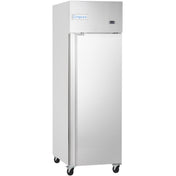 A tall, stainless steel Empura Refrigeration reach-in refrigerator with a single door, digital display, and the Empura brand name on top. The fridge stands on four black caster wheels against a plain white background.