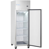 A stainless steel Empura Refrigeration reach-in refrigerator stands on four caster wheels. The door is open, revealing three empty wire shelves inside, a white interior, and a digital display panel at the top. The fridge is clean and well-lit.