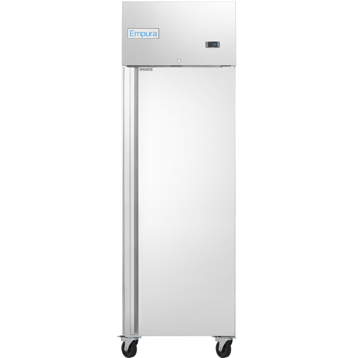 A tall, stainless steel Empura Refrigeration reach-in refrigerator with a single solid door. The top panel features the blue Empura logo and a digital control. Four black caster wheels offer mobility, complementing its modern, minimalistic design.