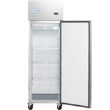 A tall Empura Reach-In Refrigerator with a stainless steel finish stands on wheels, its open door revealing four empty wire shelves. The digital display sits at the top right, and the plain white door interior completes this Empura Refrigeration unit.