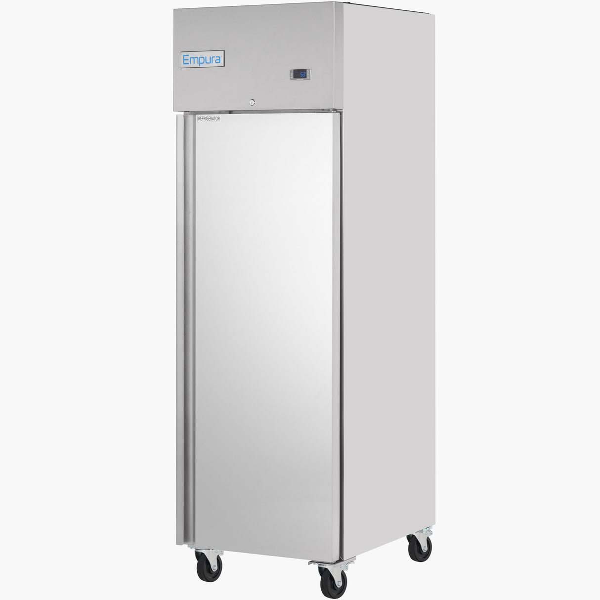 A tall Empura Refrigeration stainless steel reach-in refrigerator with a single solid door, digital display, and four black caster wheels for easy mobility. The rectangular unit is labeled Empura at the top.