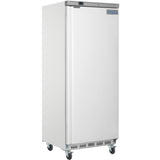 A tall, white Empura Refrigeration single-door commercial refrigerator stands on four caster wheels. Featuring a solid front door and vented bottom panel, this Reach-In Refrigerator displays the blue "Empura" logo on the top right corner.