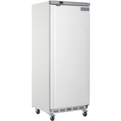 A tall, white Empura Refrigeration single-door commercial refrigerator stands on four caster wheels. Featuring a solid front door and vented bottom panel, this Reach-In Refrigerator displays the blue "Empura" logo on the top right corner.