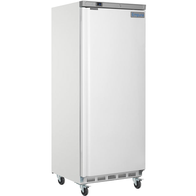 A tall, white Empura Refrigeration single-door commercial refrigerator stands on four caster wheels. Featuring a solid front door and vented bottom panel, this Reach-In Refrigerator displays the blue "Empura" logo on the top right corner.