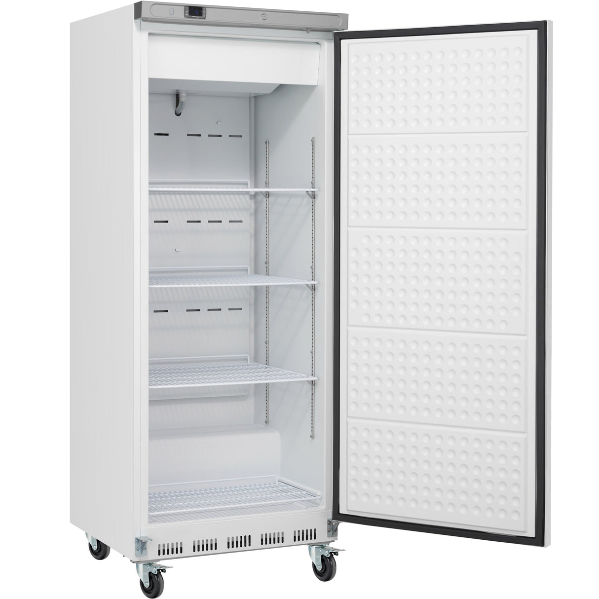A tall, white Empura Refrigeration upright freezer with the door open reveals four adjustable wire shelves. The spacious interior and caster wheels offer mobility, while the inner door has a textured pattern—ideal for commercial refrigerator needs.