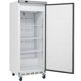 A tall, white Empura Refrigeration upright freezer with the door open reveals four adjustable wire shelves. The spacious interior and caster wheels offer mobility, while the inner door has a textured pattern—ideal for commercial refrigerator needs.