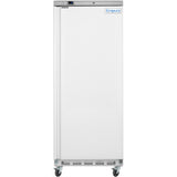 A tall, white Empura Refrigeration reach-in refrigerator with a plain front, digital display at the top, and blue Empura logo on the right. It features four caster wheels, a vented bottom panel, closed door, and smooth surface.