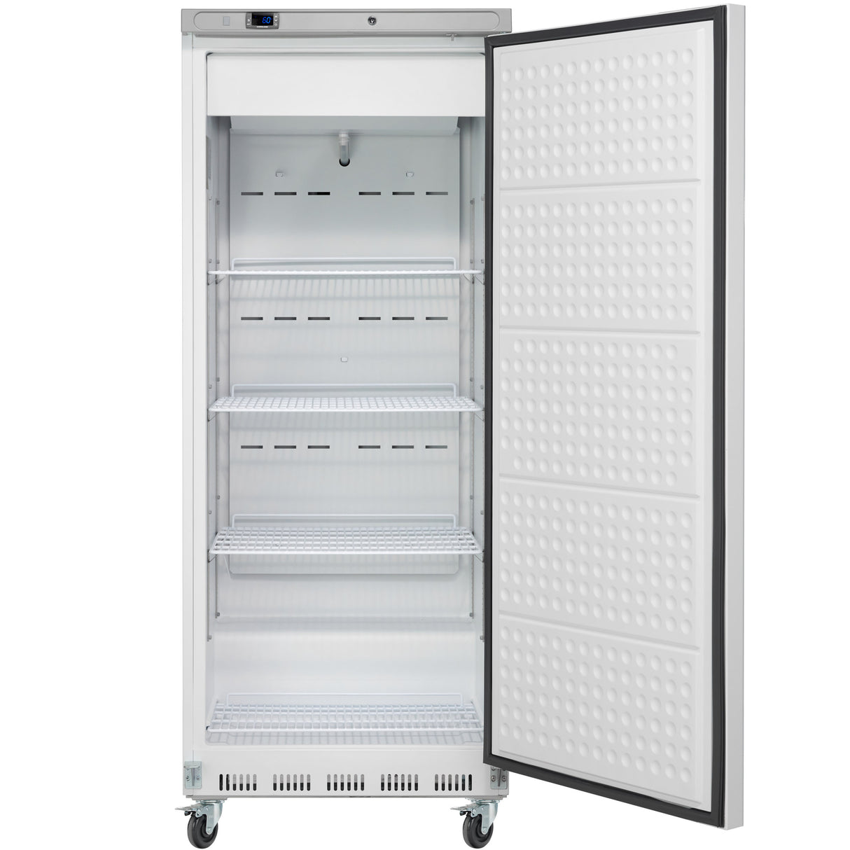 A tall, upright freezer by Empura Refrigeration with a single door open to reveal five wire shelves inside. This reach-in refrigerator is white, has a digital display at the top, stands on four wheels, and features a dotted pattern on the inner door panel.