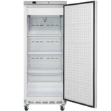 A tall, upright freezer by Empura Refrigeration with a single door open to reveal five wire shelves inside. This reach-in refrigerator is white, has a digital display at the top, stands on four wheels, and features a dotted pattern on the inner door panel.