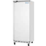 A tall, white Empura Refrigeration reach-in commercial refrigerator with a flat front, four caster wheels, digital display at the top, and blue Empura logo on the upper right. Vent slots at the bottom provide airflow for efficient cooling.