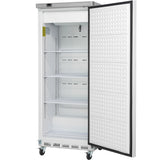 A tall, white Empura Refrigeration reach-in refrigerator with a textured open door, four wire shelves, and caster wheels at the base. The clean, empty interior stands upright against a plain white background.