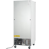 A tall, industrial Empura Refrigeration reach-in refrigerator on four black wheels. The vented bottom panel exposes mechanical parts with a yellow “C5H10” caution sign. A black power cord extends from the back; white labels are on the top right corner.