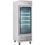 A commercial refrigerator on wheels with a clear glass door, vertical handle, and four interior shelves. The Empura Reach-In Refrigerator features vented panels below and bright interior lighting, making it ideal for professional kitchen use.