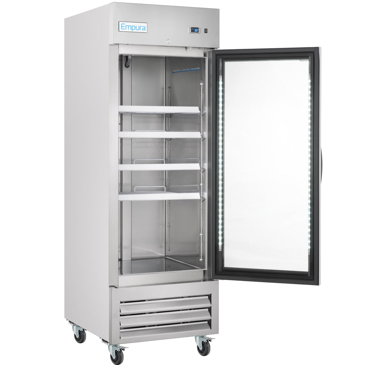 A stainless steel glass door refrigerator stands on four wheels, its door open to reveal empty metal shelves inside. This commercial reach-in refrigerator features a digital control panel at the top and ventilation grilles at the bottom.