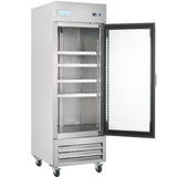 A stainless steel glass door refrigerator stands on four wheels, its door open to reveal empty metal shelves inside. This commercial reach-in refrigerator features a digital control panel at the top and ventilation grilles at the bottom.