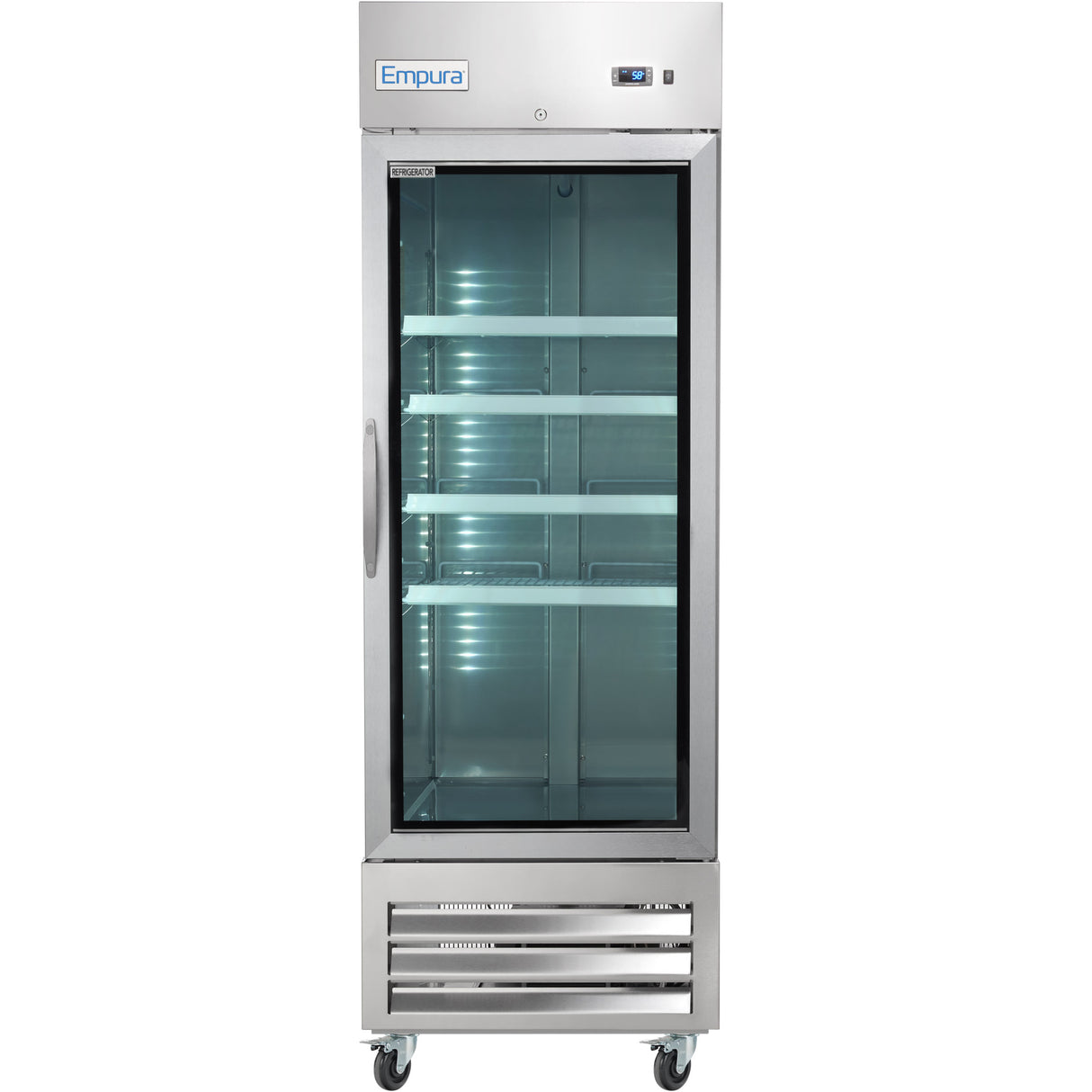 A commercial reach-in refrigerator with a glass front door, four adjustable interior shelves, an Empura logo on top, and ventilation grilles at the bottom. The empty glass door refrigerator stands on four caster wheels for easy mobility.