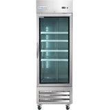 A commercial reach-in refrigerator with a glass front door, four adjustable interior shelves, an Empura logo on top, and ventilation grilles at the bottom. The empty glass door refrigerator stands on four caster wheels for easy mobility.