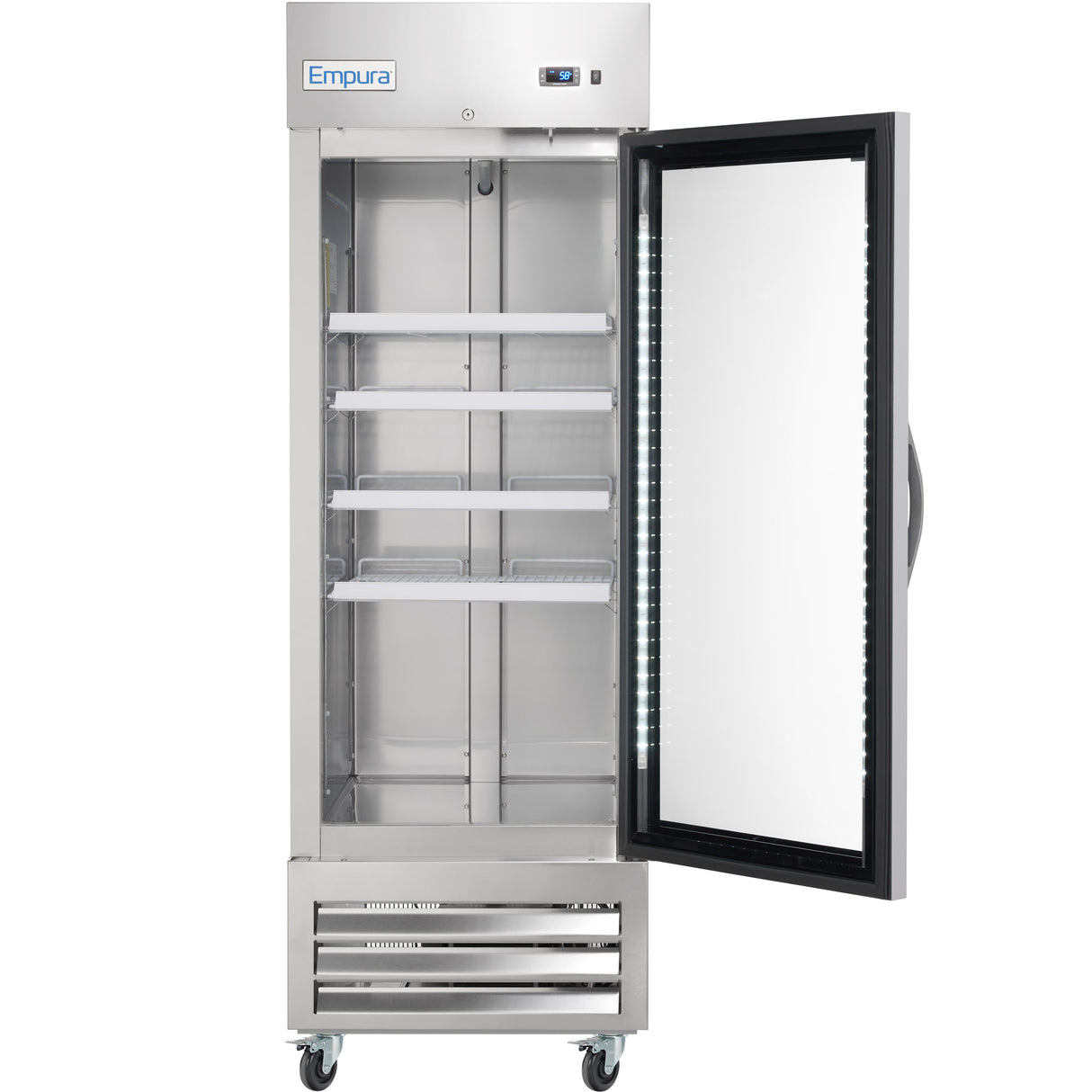 A commercial Reach-In Refrigerator on wheels with the door open, showing four empty shelves inside. The brand Empura is visible on the top front panel, and the refrigeration vents are located at the bottom.
