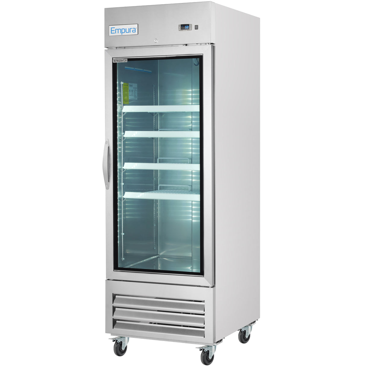 A tall, silver commercial reach-in refrigerator with a glass door, five metal shelves inside, and a handle on the left side. The unit is on four wheels and features a control panel and “Empura” logo at the top right corner.