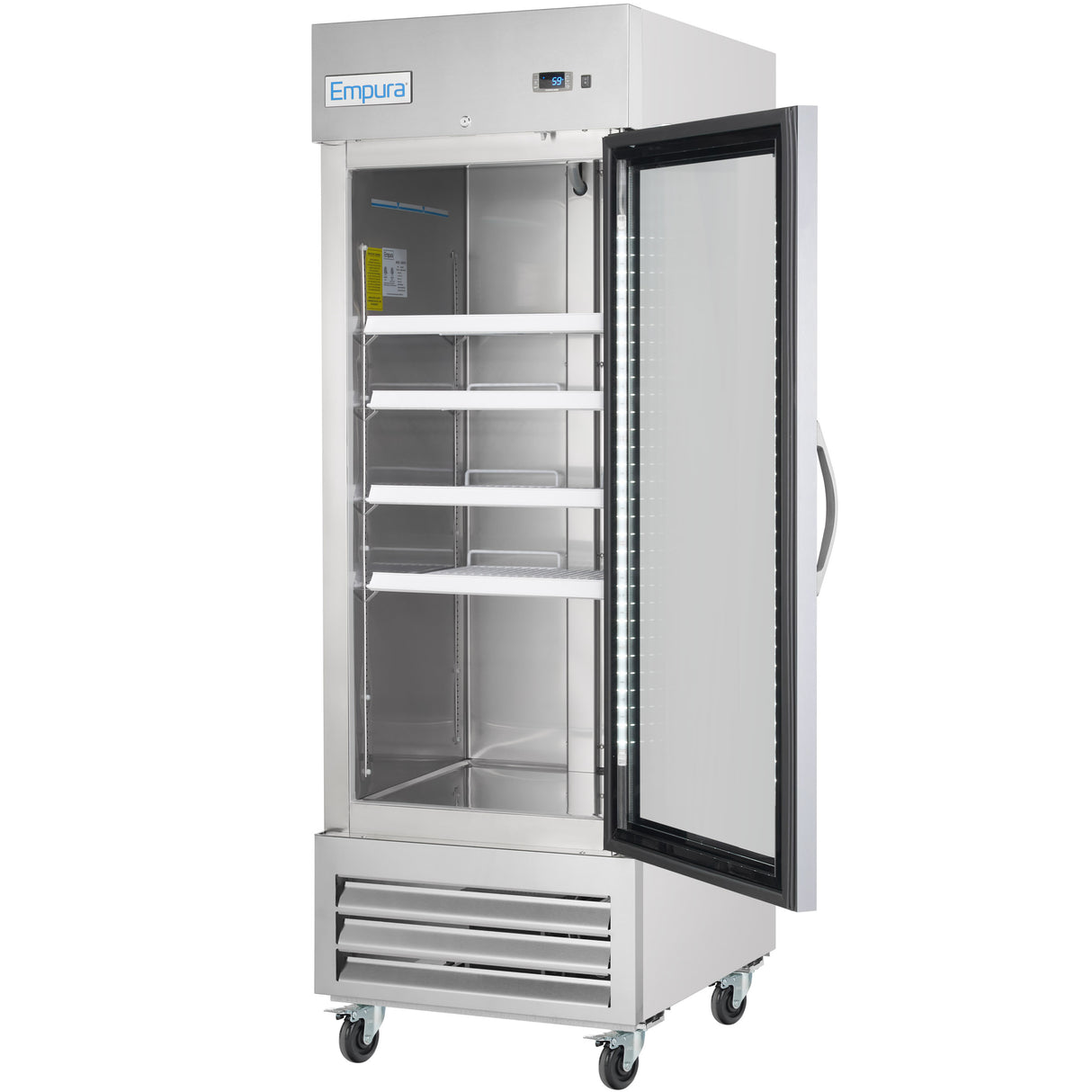 A stainless steel commercial reach-in refrigerator on wheels with a glass door, open to reveal four adjustable metal shelves inside. The digital control panel and Empura logo are visible on the upper front panel. The fridge stands on four caster wheels.