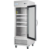 A stainless steel commercial reach-in refrigerator on wheels with a glass door, open to reveal four adjustable metal shelves inside. The digital control panel and Empura logo are visible on the upper front panel. The fridge stands on four caster wheels.