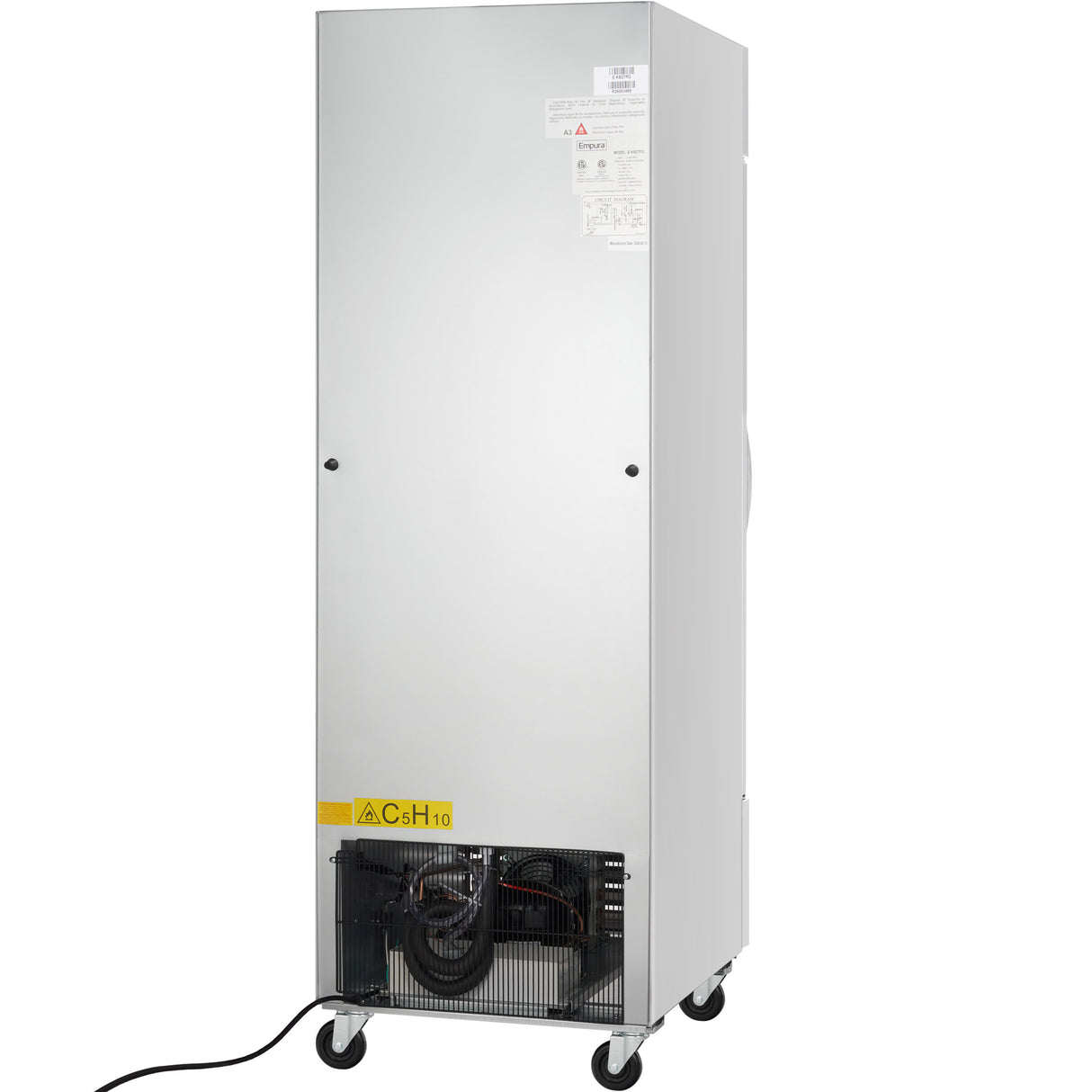 A tall, silver commercial refrigerator on four wheels with a reflective metal door, visible compressor and coil at the bottom, a power cord extending to the left, and a yellow caution label marked “ACH 110” near the base. Ideal as a Reach-In Refrigerator.