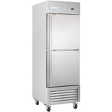 A tall, silver Empura Refrigeration commercial refrigerator with two stainless steel doors, a digital display at the top right, ventilation grilles below, and four caster wheels. The brand name “Empura” appears on the upper left front.