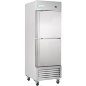 A tall, silver Empura Refrigeration commercial refrigerator with two stainless steel doors, a digital display at the top right, ventilation grilles below, and four caster wheels. The brand name “Empura” appears on the upper left front.