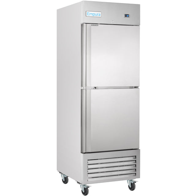 A tall, silver Empura Refrigeration commercial refrigerator with two stainless steel doors, a digital display at the top right, ventilation grilles below, and four caster wheels. The brand name “Empura” appears on the upper left front.