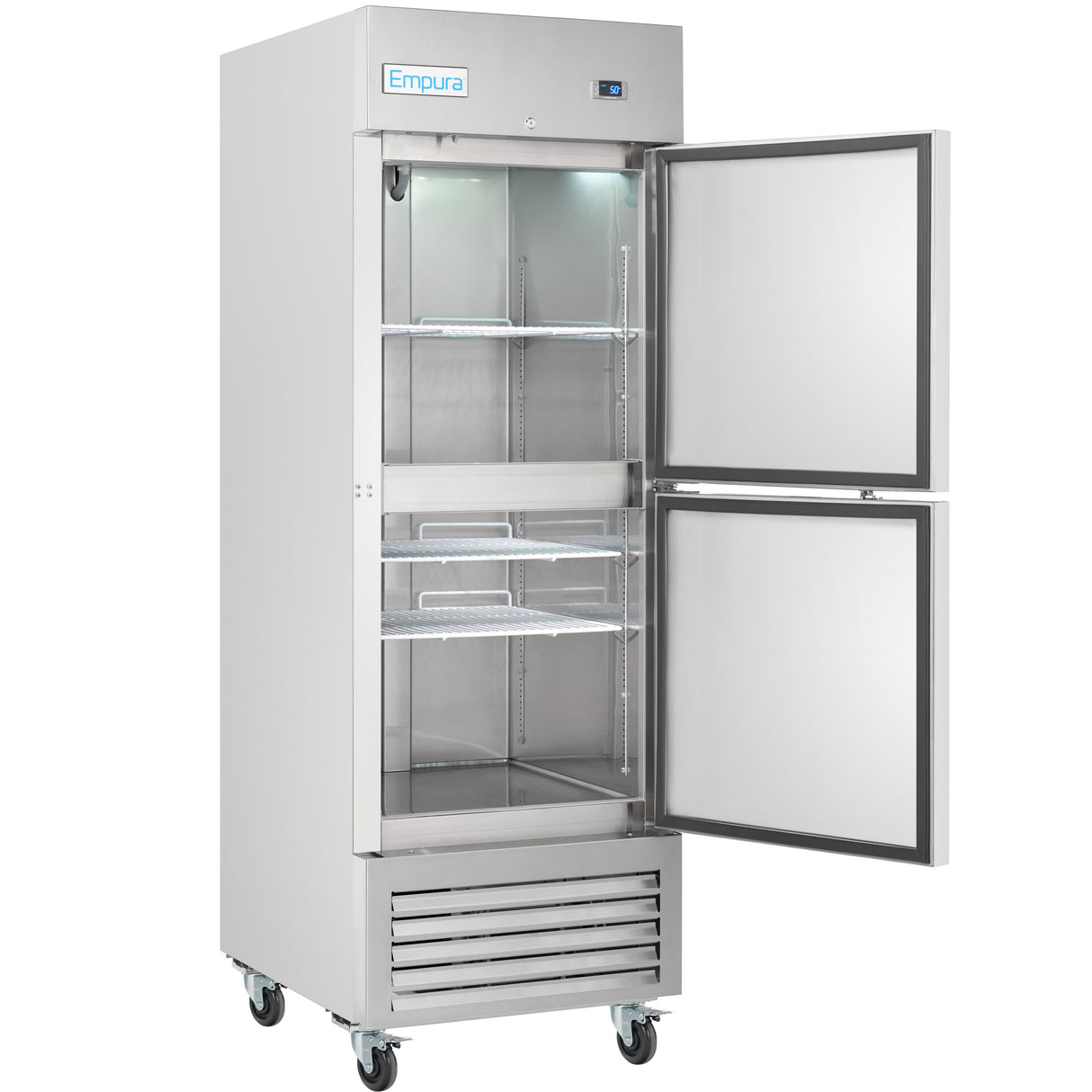 A commercial refrigerator by Empura Refrigeration on wheels, with the top half of its double doors open. The well-lit, empty interior features multiple wire shelves. The bottom includes a vented panel for cooling, and a label shows the Empura brand.