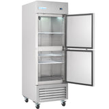 A commercial refrigerator by Empura Refrigeration on wheels, with the top half of its double doors open. The well-lit, empty interior features multiple wire shelves. The bottom includes a vented panel for cooling, and a label shows the Empura brand.