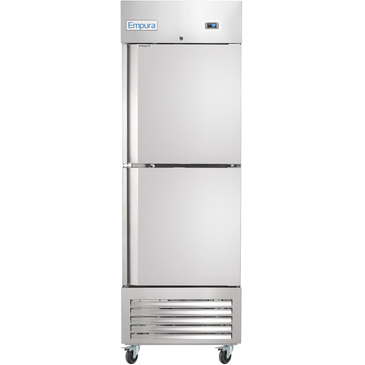 A tall, commercial stainless steel Reach-In Refrigerator with two separate doors, digital display panel at the top right, Empura logo on the upper section, and a vented panel at the bottom. The unit is on four caster wheels.