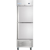A tall, commercial stainless steel Reach-In Refrigerator with two separate doors, digital display panel at the top right, Empura logo on the upper section, and a vented panel at the bottom. The unit is on four caster wheels.