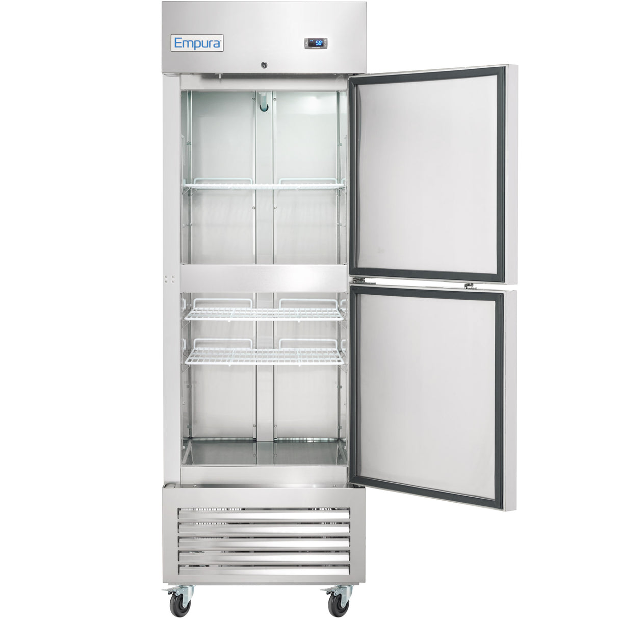A stainless steel Empura Refrigeration commercial refrigerator with two open doors reveals multiple empty wire shelves inside. The Reach-In Refrigerator features a digital display at the top, a vented bottom section, and is mounted on four wheels.