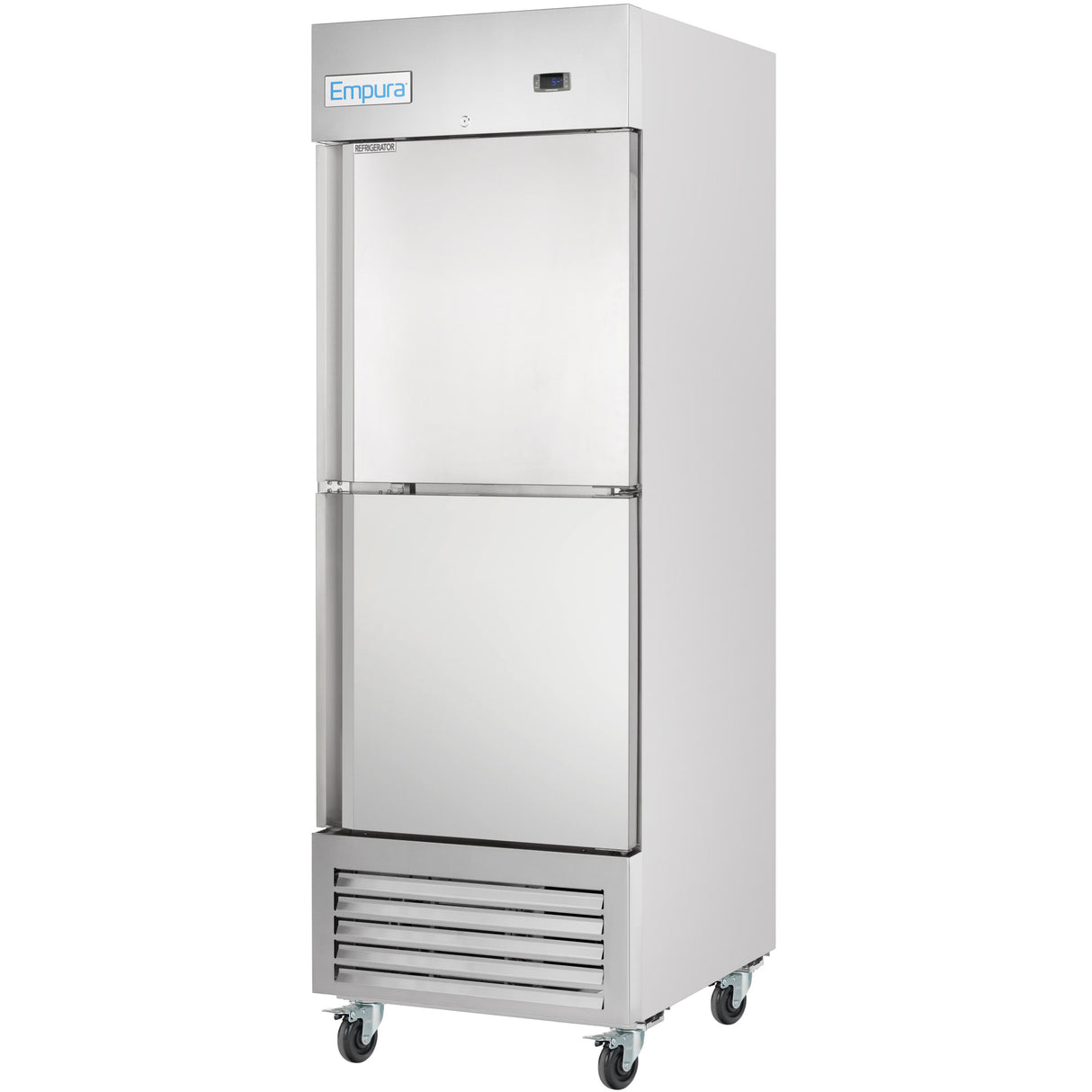 A tall, stainless steel Empura Refrigeration commercial refrigerator on wheels is shown. The unit has a single solid door, a blue Empura label at the top, bottom ventilation grilles, and a digital control panel above the door.