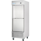 A tall, stainless steel Empura Refrigeration commercial refrigerator on wheels is shown. The unit has a single solid door, a blue Empura label at the top, bottom ventilation grilles, and a digital control panel above the door.