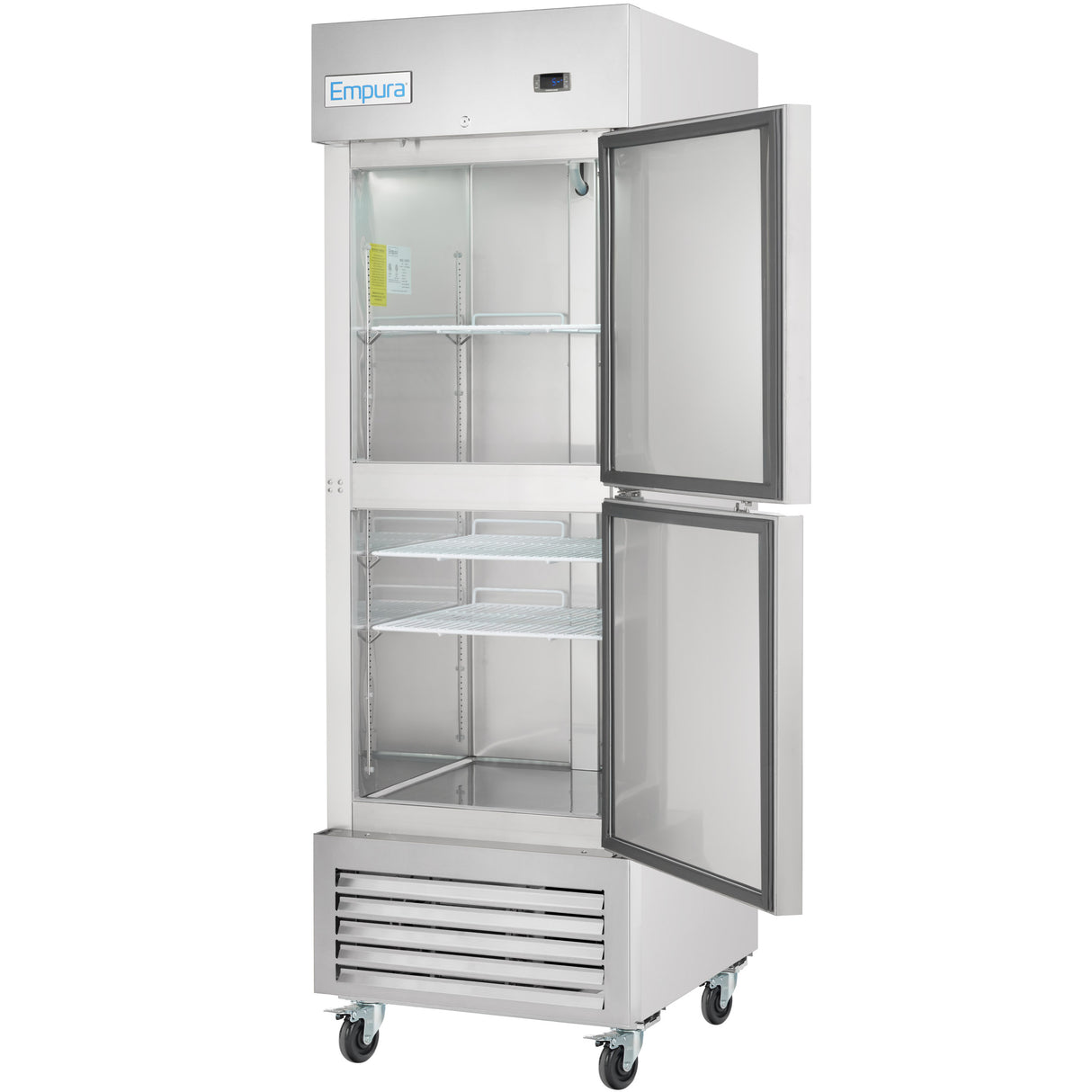 The Empura Refrigeration commercial refrigerator features two glass doors, top and bottom, that open to multiple wire shelves. This reach-in refrigerator has a digital display above, ventilation grates below, and stands on four wheels for mobility.